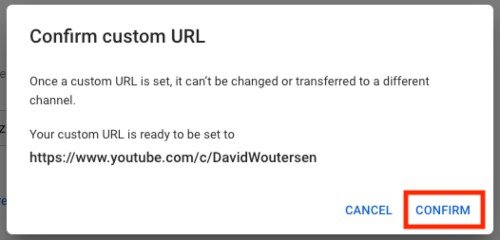Confirm your custom YouTube Channel URL