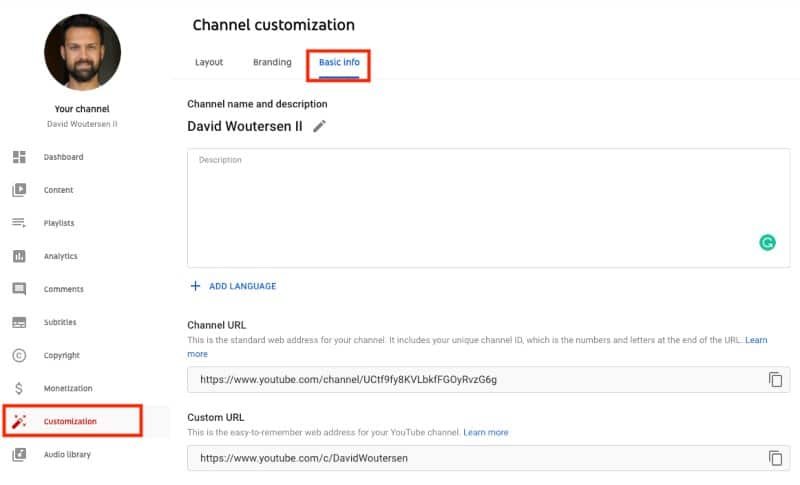 Where to find the Custom URL settings in YouTube Studio
