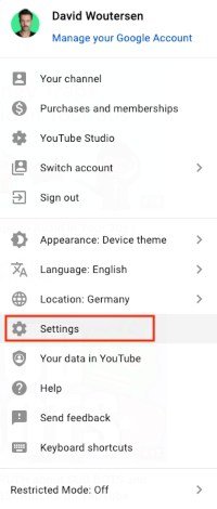 Select Settings from youtube