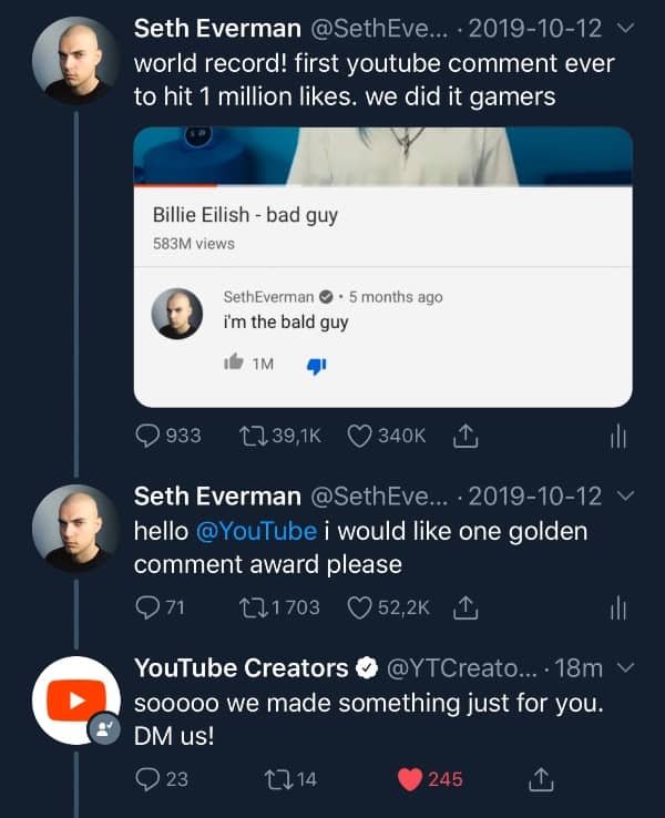 Seth Everman Most Liked YouTube Comment