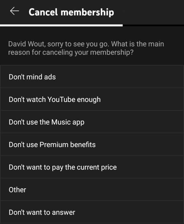 Select a reason for canceling Premium
