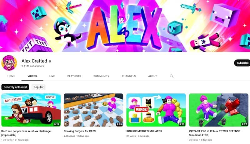 Alex Crafted YouTube channel
