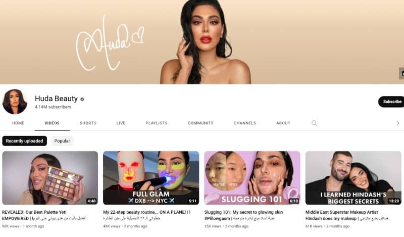 Huda Beauty's YouTube channel