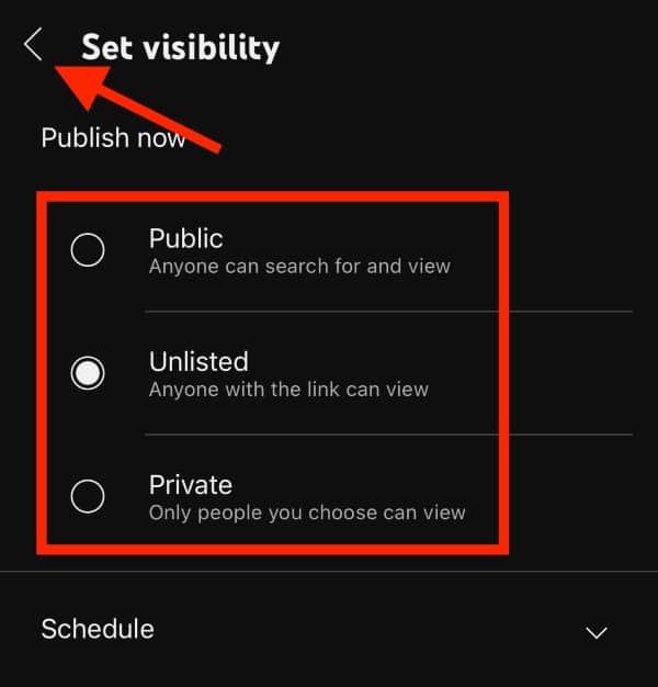 select youtube video visibility on iphone