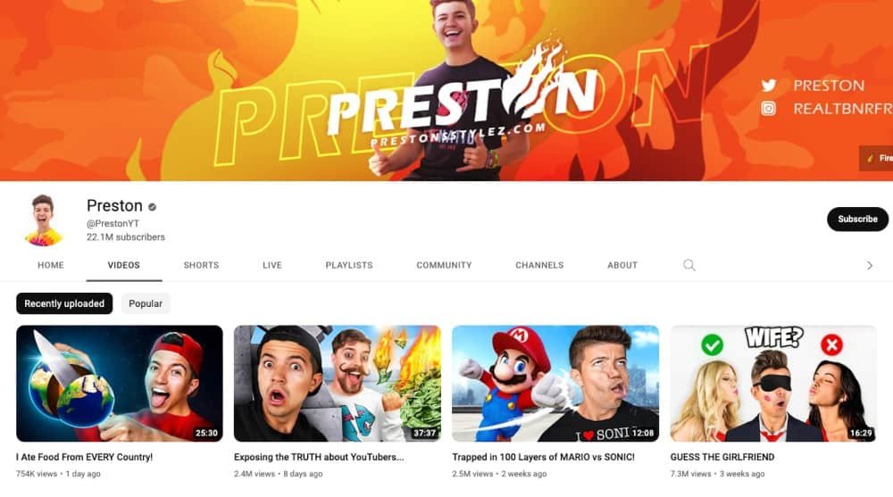 Preston is one of the most popular YouTubers that live in Texas