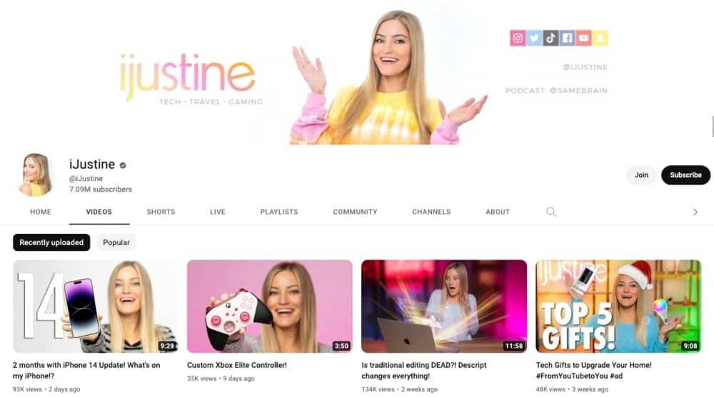 iJustine's YouTube channel