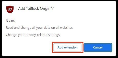 Click add extension to add ublock origin to the browser
