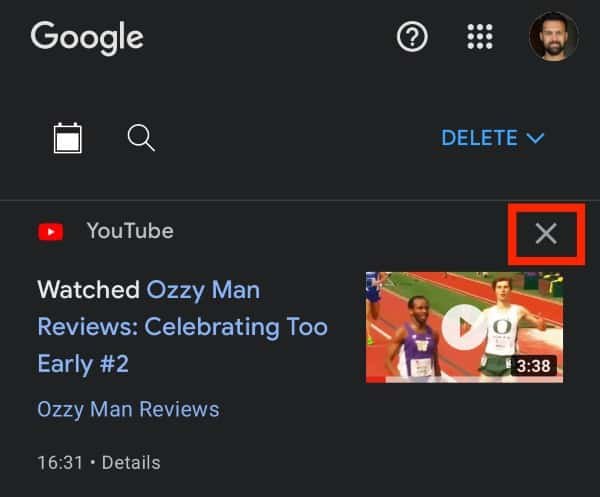 Select the x to delete the video or search