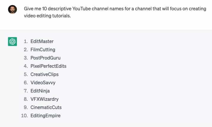 Using ChatGPT to come up with a YouTube name