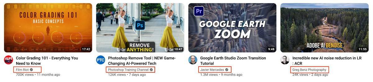 YouTube names appear below video titles on the home page
